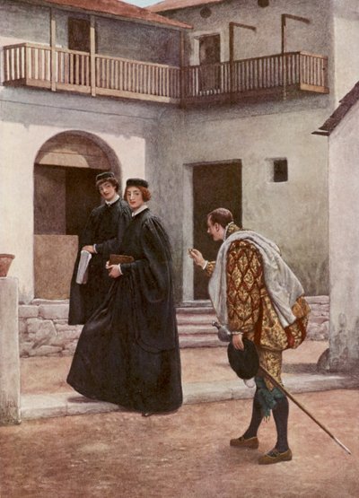 Kupiec wenecki Szekspira: Portia, Nerissa i Gratiano (kolorowa litografia) autorstwa James Dromgole Linton