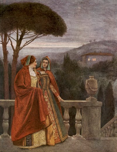 Kupiec wenecki Szekspira: Portia i Nerissa (kolorowa litografia) autorstwa James Dromgole Linton