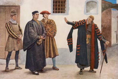Kupiec wenecki Szekspira: Shylock, Antonio, Salarino i Gaoler (kolorowa litografia) autorstwa James Dromgole Linton