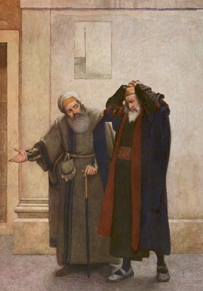 Kupiec wenecki Szekspira: Shylock i Tubal (kolorowa litografia) autorstwa James Dromgole Linton