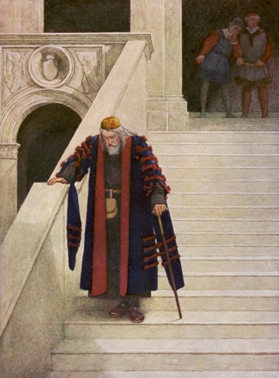 Kupiec wenecki Szekspira: Shylock opuszczający Pałac Książęcy (kolorowa litografia) autorstwa James Dromgole Linton