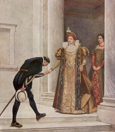 Kupiec wenecki Szekspira: Książę Arragonii, Portia i Nerissa (kolorowa litografia) autorstwa James Dromgole Linton