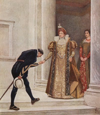 Kupiec wenecki Szekspira: Książę Arragonii, Portia i Nerissa (kolorowa litografia) autorstwa James Dromgole Linton
