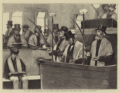 Święto Namiotów w Synagodze Północnego Londynu, Czytelnik bierze gałązkę palmową autorstwa James Dromgole Linton