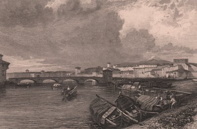 Widok rzeki Arno w Pizie, Toskania, Włochy, staloryt Thomasa Highama (1796-1844) według rysunku Jamesa Duffielda Hardinga (1798-1863) autorstwa James Duffield Harding