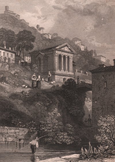 Widok świątyni Clitumnusa wzdłuż rzeki Clitunno w pobliżu Campello sul Clitunno, Umbria, Włochy, staloryt autorstwa Jordana według rysunku Jamesa Duffielda Hardinga (1798-1863), około 10, 5x15 cm autorstwa James Duffield Harding