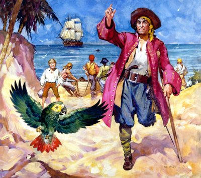 Długi John Silver i jego papuga (gwasz na papierze) autorstwa James Edwin McConnell