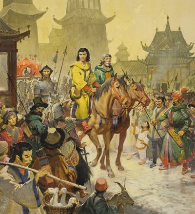 Marco Polo w Pekinie, XX wiek (gwasz na papierze) autorstwa James Edwin McConnell