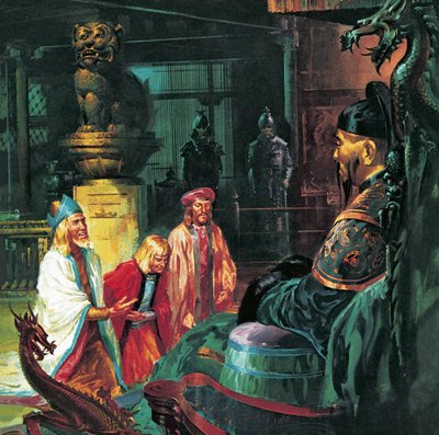 Marco Polo przed Kubilajem Chanem, XX wiek (litografia) autorstwa James Edwin McConnell