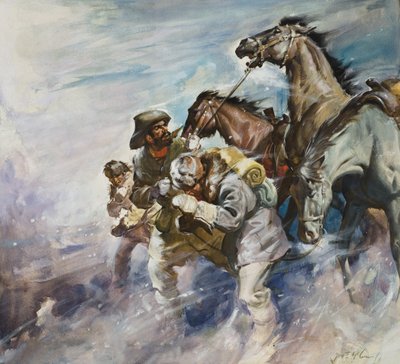 Mężczyźni i konie walczący z burzą (gwasz na papierze) autorstwa James Edwin McConnell