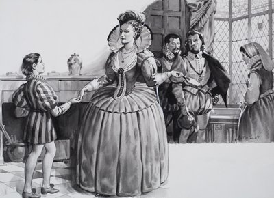 Młody Francis Bacon i królowa Elżbieta I (gwasz na papierze) autorstwa James Edwin McConnell