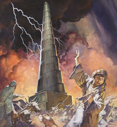 Wieża Babel (gwasz na papierze) autorstwa James Edwin McConnell