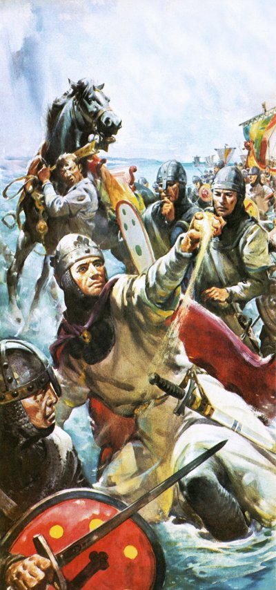 Wilhelm Zdobywca przybywa do Anglii w 1066 roku, zabierając garść piasku autorstwa James Edwin McConnell