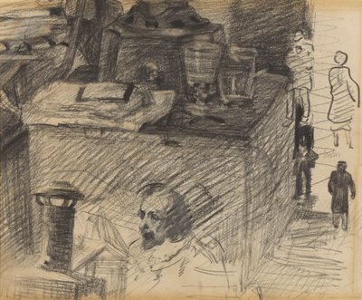 Kącik w pracowni z podstawą pod piec, skrzynią i figurkami autorstwa James Ensor