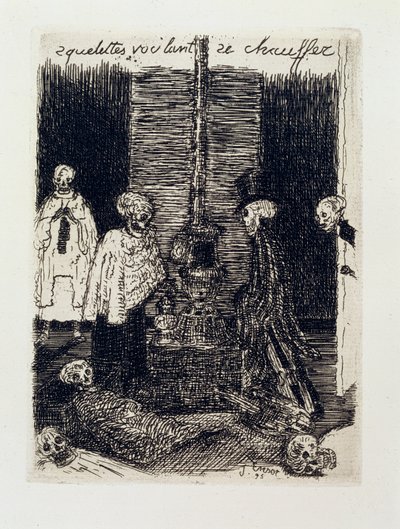 Szkielety próbujące się ogrzać autorstwa James Ensor