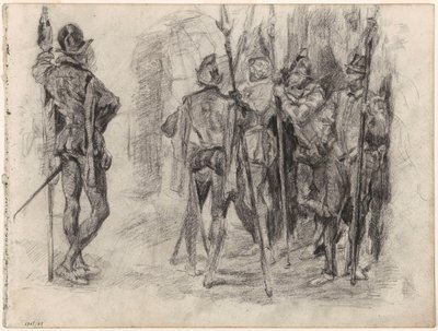 Szkice postaci i pięciu hiszpańskich żołnierzy z lancami autorstwa James Ensor