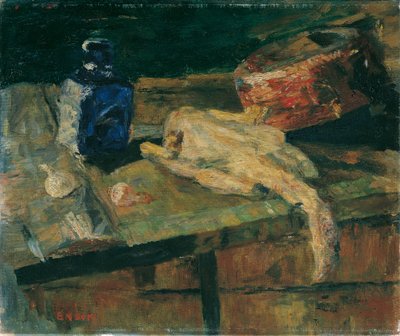 Martwa natura z niebieską butelką i oskubanym kurczakiem autorstwa James Ensor
