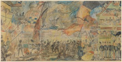 Akcja strajkowa (kreda, ołówek i pastel na papierze zamontowanym na tekturze) autorstwa James Ensor