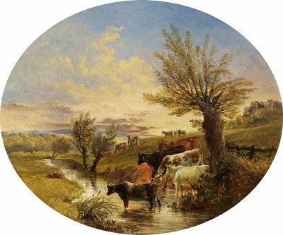 Krajobraz ze strumieniem i bydłem, 1888 autorstwa James Flewitt Mullock
