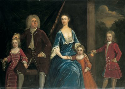 Portret zbiorowy Henryka, V Lorda Arundella z Wardour i jego żony Elżbiety, wraz z dziećmi, we wnętrzu, krajobraz poza autorstwa James Francis Maubert