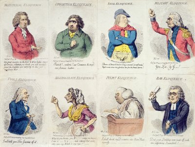 8 winiet przedstawiających elokwencję, wydanych przez Hannah Humphrey w 1795 r. (akwaforta ręcznie kolorowana) autorstwa James Gillray
