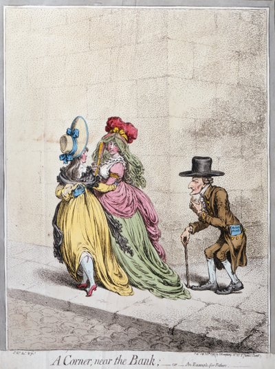 Kącik w pobliżu banku, czyli przykład dla ojców, opublikowany przez Hannah Humphrey autorstwa James Gillray