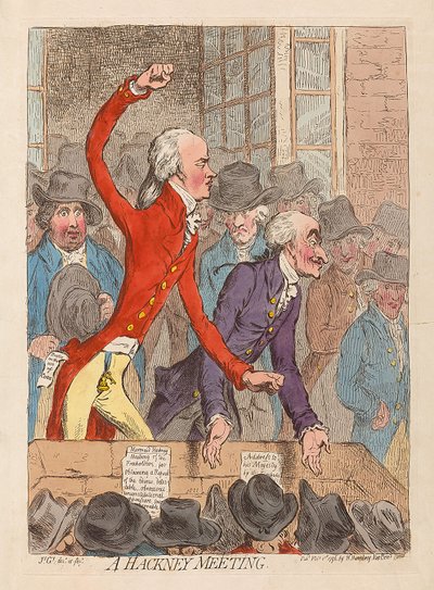 Spotkanie Hackney, wyd. 1796 (grawerowanie ręcznie kolorowane) autorstwa James Gillray