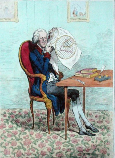 Przenikliwy polityk odkrywający brytyjskie podboje, opublikowana przez Hannah Humphrey w 1795 r. (akwaforta ręcznie kolorowana) autorstwa James Gillray