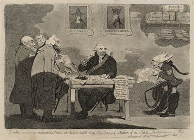 Szlachetny Pan o zbliżającym się pokoju jest zbyt zajęty, aby zająć się wydatkami miliona publicznych pieniędzy [verso] autorstwa James Gillray