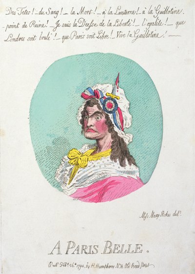 A Paris Belle, wydana przez Hannah Humphrey w 1794 roku (akwaforta ręcznie kolorowana) autorstwa James Gillray