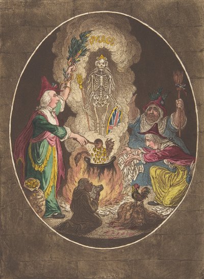 Fantasmagoria — wyczarowywanie sceny uzbrojonego szkieletu, 5 stycznia 1803 r., 5 stycznia 1803 r. autorstwa James Gillray