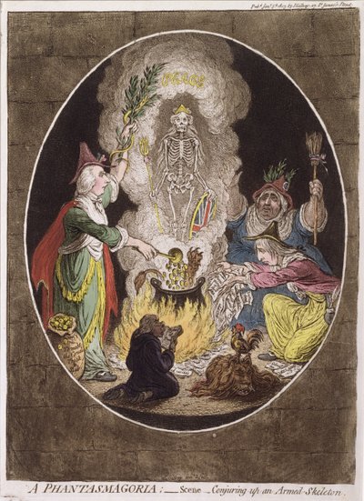 Fantasmagoria; - Scena - Wyczarowywanie uzbrojonego szkieletu autorstwa James Gillray