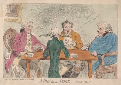 Świnia w worku, wist, wist, pub. 1788 (grawerowanie ręcznie kolorowane) autorstwa James Gillray