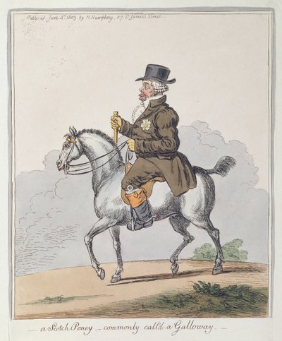 Scotch Poney, powszechnie nazywany Galloway, opublikowany przez Hannah Humphrey w 1803 r. (akwaforta ręcznie kolorowana) autorstwa James Gillray