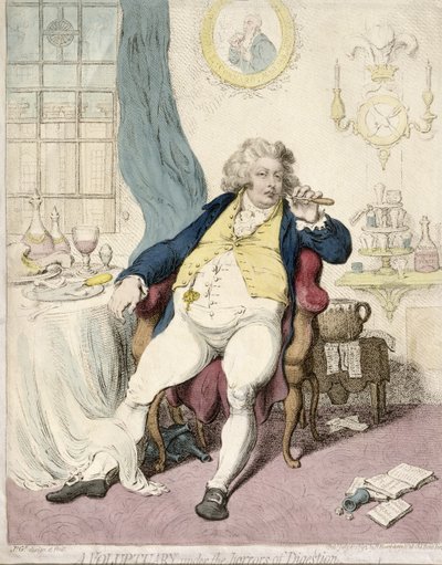 A Voluptuary under the Horrors of Digestion, opublikowane przez Hannah Humphrey w 1792 roku (akwaforta ręcznie kolorowana) autorstwa James Gillray