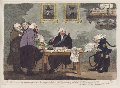 Szlachetny lord, o zbliżającym się pokoju, zbyt zajęty, by zająć się wydatkowaniem miliona publicznych pieniędzy przez Jamesa Gillraya autorstwa James Gillray