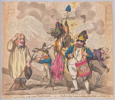 Alecto i jej Pociąg przy Bramie Pandemonium lub Werbujący Sarjeant werbujący Johna Bulla do Służby Rewolucji, wyd. (ręcznie kolorowy grawer) autorstwa James Gillray