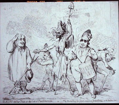 Alecto i jej Train at the Gate of Pandemonium lub The Recruiting Serjeant werbujący Johna Bulla do służby rewolucji, wydane przez S.W. Fores w 1791 (akwaforta) autorstwa James Gillray