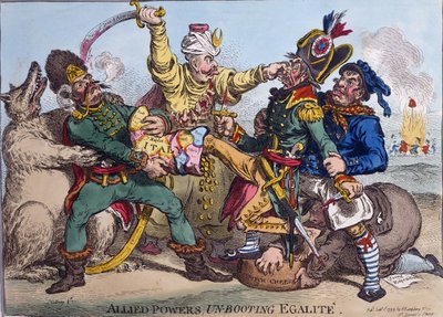 Allied Powers Un-Booting Egalite, wydana przez Hannah Humphrey w 1799 r. (akwaforta ręcznie kolorowana) autorstwa James Gillray