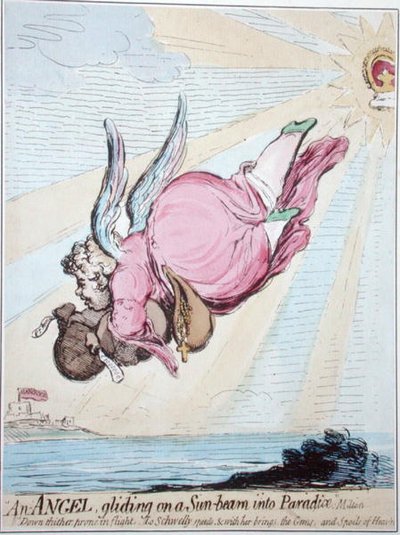 Anioł sunący po promieniu słońca do raju (akwaforta ręcznie kolorowana) autorstwa James Gillray