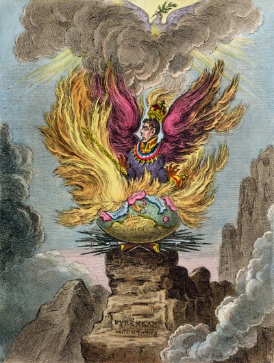 Apoteoza korsykańskiego feniksa, opublikowana przez Hannah Humphrey w 1808 r. (akwaforta ręcznie kolorowana) autorstwa James Gillray