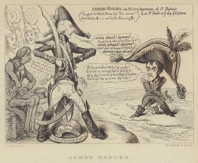Uzbrojeni bohaterowie: brytyjski premier Henry Addington konfrontujący się z Napoleonem i groźbą inwazji francuskiej, 1803 autorstwa James Gillray