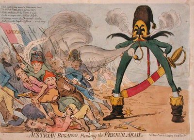 Austriacki Bugaboo atakujący armię francuską, wydany przez Hannah Humphrey w 1795 roku (akwaforta ręcznie kolorowana) autorstwa James Gillray