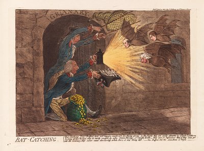 Łapanie nietoperzy, wyd. 1803 (ręcznie kolorowane grawerowanie) autorstwa James Gillray