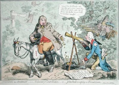 Żebranie bez rabunku: tj. Dobrowolna wpłata, czyli John Bull uciekający z przymusowej pożyczki, opublikowana przez Hannah Humphrey w 1796 r. (akwaforta ręcznie kolorowana) autorstwa James Gillray