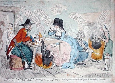 Betty Canning wskrzeszona, lub Zerknąć na zaklęcie Mary Squires & the Gypsy Family, opublikowane przez J.M. Forbesa w 1791 r. (akwaforta ręcznie kolorowana) autorstwa James Gillray