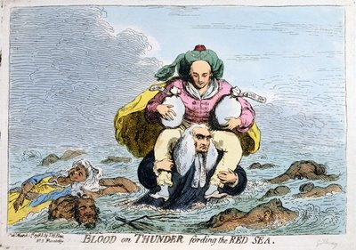 Blood on Thunder fording the Red Sea, opublikowane przez S.W. Fores w 1788 roku (ręcznie kolorowana akwaforta) autorstwa James Gillray