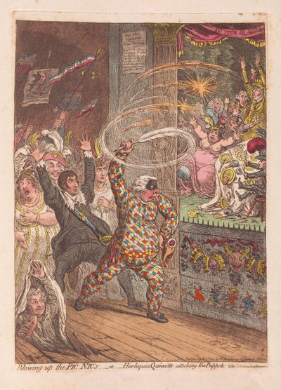 Wysadzenie Pic Nics lub Arlequin Quixotte atakujących Puppets, pub. 1804 (grawerowanie ręcznie kolorowane) autorstwa James Gillray