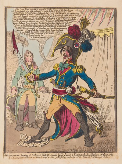 Bonaparte słysząc o zwycięstwie Nelsona przysięga na swój miecz, że wytępi Anglików z Ziemi, pub. 1798 (grawerowanie ręcznie kolorowane) autorstwa James Gillray