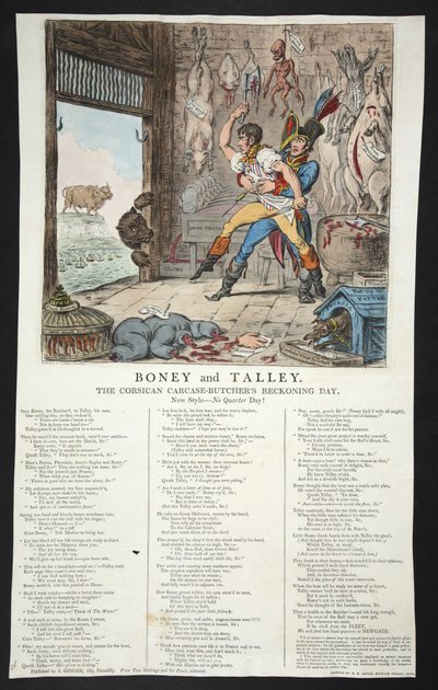 Boney i Talley, Korsykański dzień rozliczenia tusz-rzeźników – dzień bez kwartału!, pb. 1803 (ręcznie kolorowane grawerowanie) autorstwa James Gillray